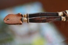 Vintage :* WOOD, LEATHER & STONE*. TIE ORNATE CARVED BRACELET EX CONDITION