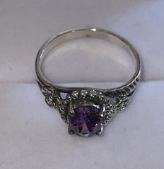 Oval Simulated Purple Amethyst & Sterling Silver Ring Flowers on Sides Size 8