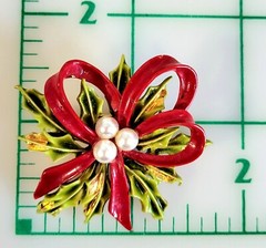 Vintage ART Arthur Pepper Holiday Brooch Spray Greens Fx.Pearls Red Enamel Bow