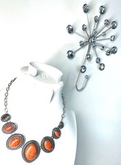 Orange Faux Howlite silver tone charm necklace 20”