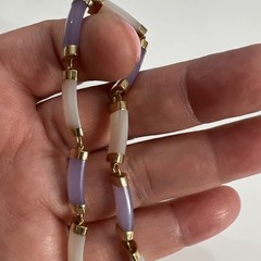 Vintage WJ 10k Yellow Gold Lavender Jade & Mother Of Pearl Asian Bracelet 7.5”
