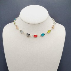 Choker Multicolor Crystal Station Gold Tone Patented Side Clasp Necklace 14.5 In