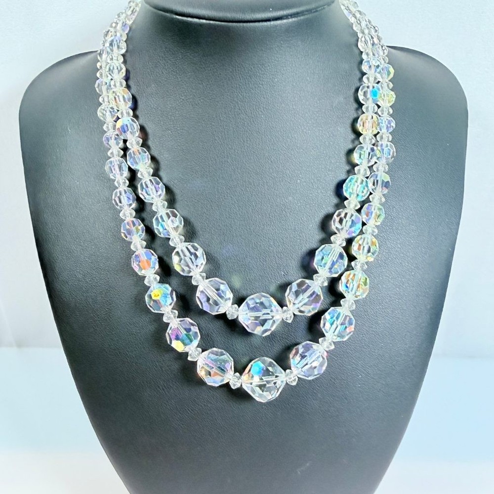 Vintage AB Crystal Necklace Double Strand Graduated Adjustable 13-15.5 in