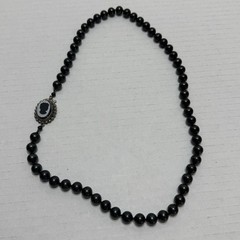 Vtg 23” Glass Faux Pearl Necklace Carved Cameo Clasp Charcoal Grey Black Grandma