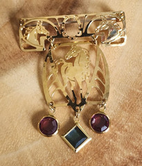 Wild Bryde Signed Horse Brooch Articulated Dangle Purple Blue Rhinestones Gold