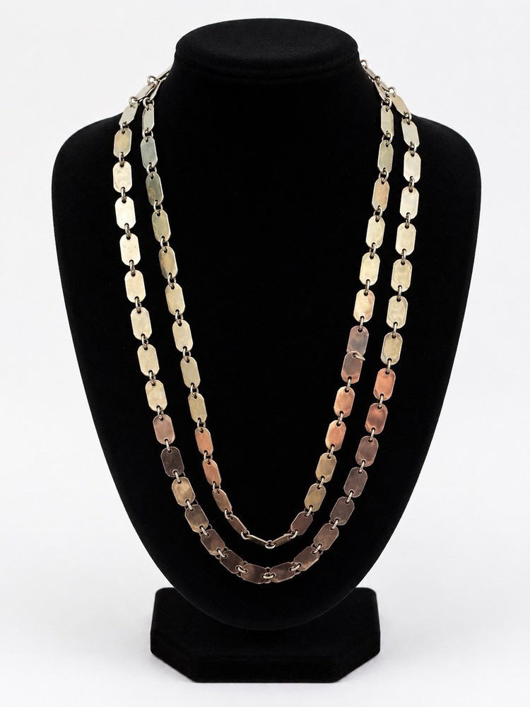 Vintage Silver Tone Double Strand Rectangular Link Long Necklace Statement
