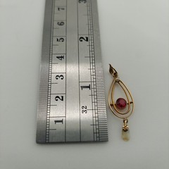 Edwardian Style 10k Gold Lavalier Pendant with Red Stone and Seed Pearl In Box
