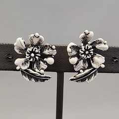 Vintage Clamper Bracelet Clip On Earrings Set White Enamel Black Washed Flowers