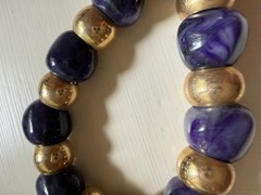 Vintage Chunky Bead Necklace Purple Stone Gold Tone Choker Heavy 15-16”