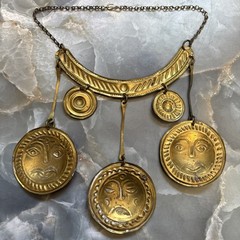 Vintage 60s Brass Sun Face Medallion Necklace Boho Tribal Festival Statement