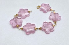 1/20 14K Gold Filled Pink Glass Flower Bead Link Bracelet 8.25″ 41.2g