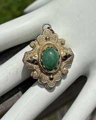 Vintage Faux Jade Necklace Pendant Double Sided Goldtone