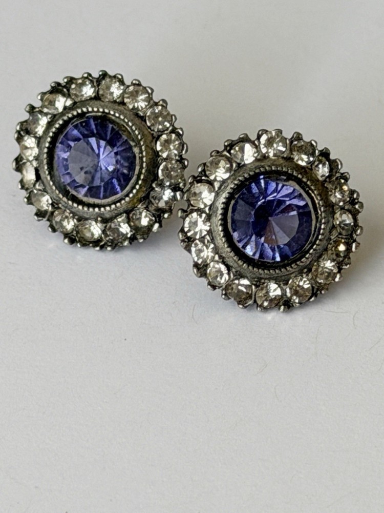 Vintage Purple Rhinestone Halo Stud Earrings, Silver Tone Round Faceted Crystal
