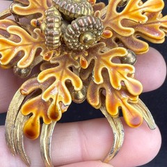 Vintage Enamel Brooch Clip on Earrings Set Flower Fall Acorn Tree Autumn