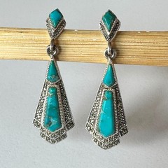 Vintage 925 Sterling Silver Marcasite Mixed Blue Turquoise Earrings Drop 4.5 cm