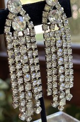 Vintage Huge Prong Set Rhinestones Chandelier Dangle Drop Clip On Earrings