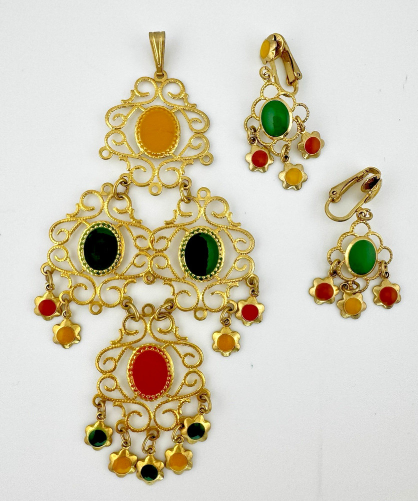 Vintage Celebrity NY Pendant Earrings Set Filigree Glass Cabochon Gold Tone