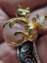 Vintage Cat Pool Of Light Gold Plate Earrings, Crystal Eyes