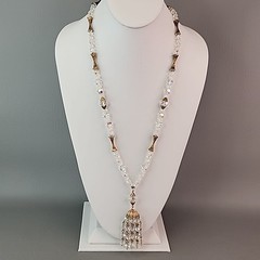 Vintage AB Glass Beaded Tassel Necklace Earrings Set Gold Tone Bar Links 26″