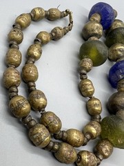 Vintage Blue Green Tumbled Glass Brass Beaded Necklace 24”