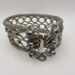 Vintage Mesh Bracelet Twisted Links Blue Bead Accents Safety Chain Silver Tone