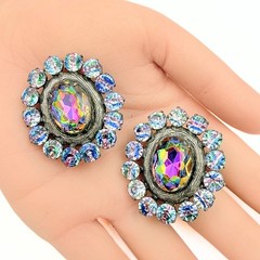 Vintage Watermelon Iris Glass AB Crystal Halo Statement Clip On Earrings