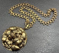 Vintage Victorian Revival Huge Acorn Pendant Necklace Book Chain 18” Unique!