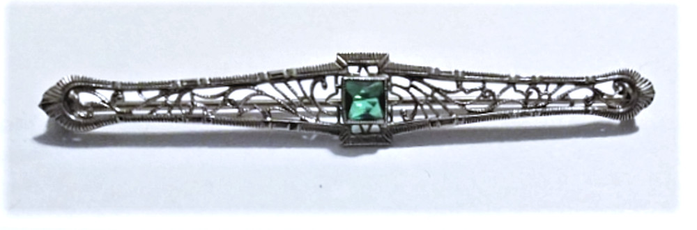 Antique Edwardian 10K White Gold BELAIS French Emerald Paste Bar Pin Brooch Lot