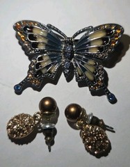 MONET Vtg Butterfly Brooch Pin Blue White Multi Color Rhinestones W/ Earrings