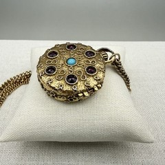 Vintage Goldette Trinket Locket Multi Strand Chain 30-42″ Blue Red Scrollwork