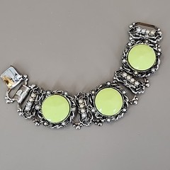 Vintage Bracelet Lime Green Round Bead Faux Pearl Silver Tone Book Chain 6″