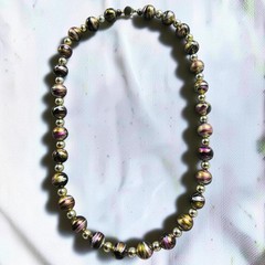 Vintage Marbled Lucite Bead Necklace Black Gold Pink Silver 24″ Mid Century
