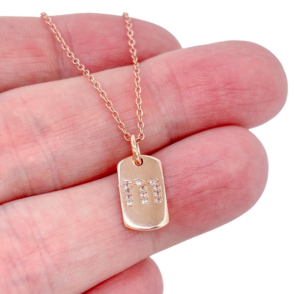 Cubic Zirconia Rose Gold-Plate “M” Dog Tag Necklace | 18″
