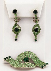 JULIANA STYLE EMERALD GREEN & LIME RHINESTONES BROOCH & DANGLE CLIP-ON EARRINGS