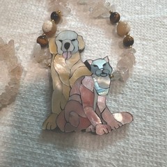 Lee Sands Best Friends Dog/Cat Shell Inlaid Nk. W Rose Quartz Tigers Eye MOP