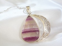 Large Sterling Silver 925 Fluorite Crescent Moon Pendant Necklace