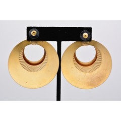 Vintage Dangle Earrings Chunky Gold Tone Metal Layered Ribbed Round 1980s BinAS