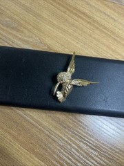 Vintage Humming Bird Brooch Gold Tone with Clear Rhinestones, Green Eye Stone
