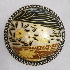 Vintage Handpainted Russian Metal Floral Brooch Pendant Black, Gold, Yellow, Wh