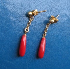 Earrings coral red genuine untreated blood of ox gold Italy drop heart