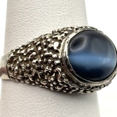 Vintage Sterling Brutalist Textured Black Cats Eye Ring 9.5