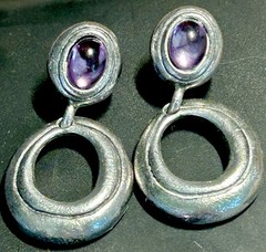 Vntg Sterling Door Knocker Dangle Post Earrings Purple Glass Cabochon 12.85 G