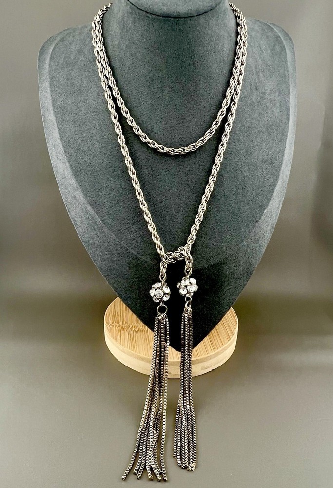 Vintage Tassel Necklace Lariat Rhinestone Ball Heavy Rope Chain Silver Tone 36”