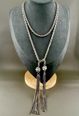 Vintage Tassel Necklace Lariat Rhinestone Ball Heavy Rope Chain Silver Tone 36”