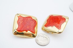 Vintage Clip On Earrings Gold Tone Red Enamel