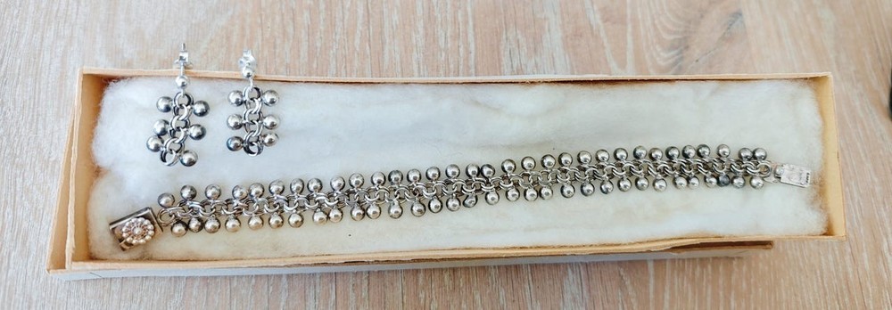 Vintage Hermann Siersbol Denmark 830S Silver Bismarck Bead Bracelet Earrings Set