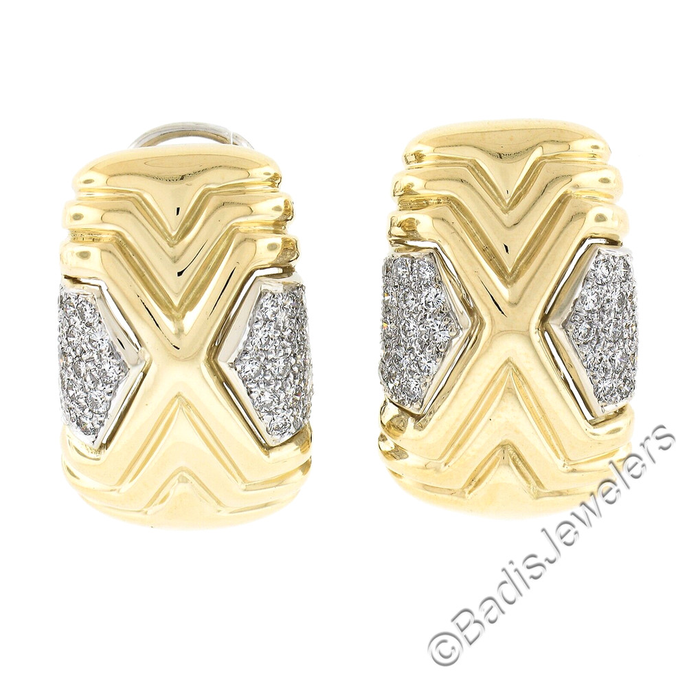 Roberto Casarin 18K TT Gold 0.60ctw Pave Set Diamond Wide Grooved Cuff Earrings