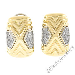 Roberto Casarin 18K TT Gold 0.60ctw Pave Set Diamond Wide Grooved Cuff Earrings