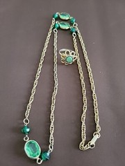 Vntg Bezel Set Green Lucite Necklace & Uncas Mfg Co Adjustable Green Stone Ring