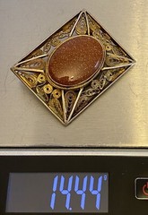 Vintage Silver Vermeil Filigree Aventurine Goldstone Brooch Pendant Handcrafted